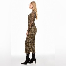 Ronny Kobo Leopard Print Midi Dress Animal Mesh Long Sleeve Maxi SIZE L