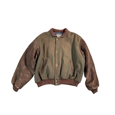 Vintage Mark Shale Varsity Jacket Mens Large Brown Wool Blend Leather Sleeves