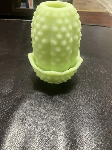 VTG Fenton Glass Uranium Lime Satin Hobnail 5" Fairy Lamp Light W/Original Tag