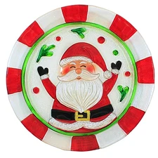 Transpac Jolly Santa Platter Seasonal Tabletop Fused Glass Christmas Holly