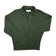 LOFT Sweater Women's XS Relaxed Waffle Knit Collared V Neck Long Sleeve Green