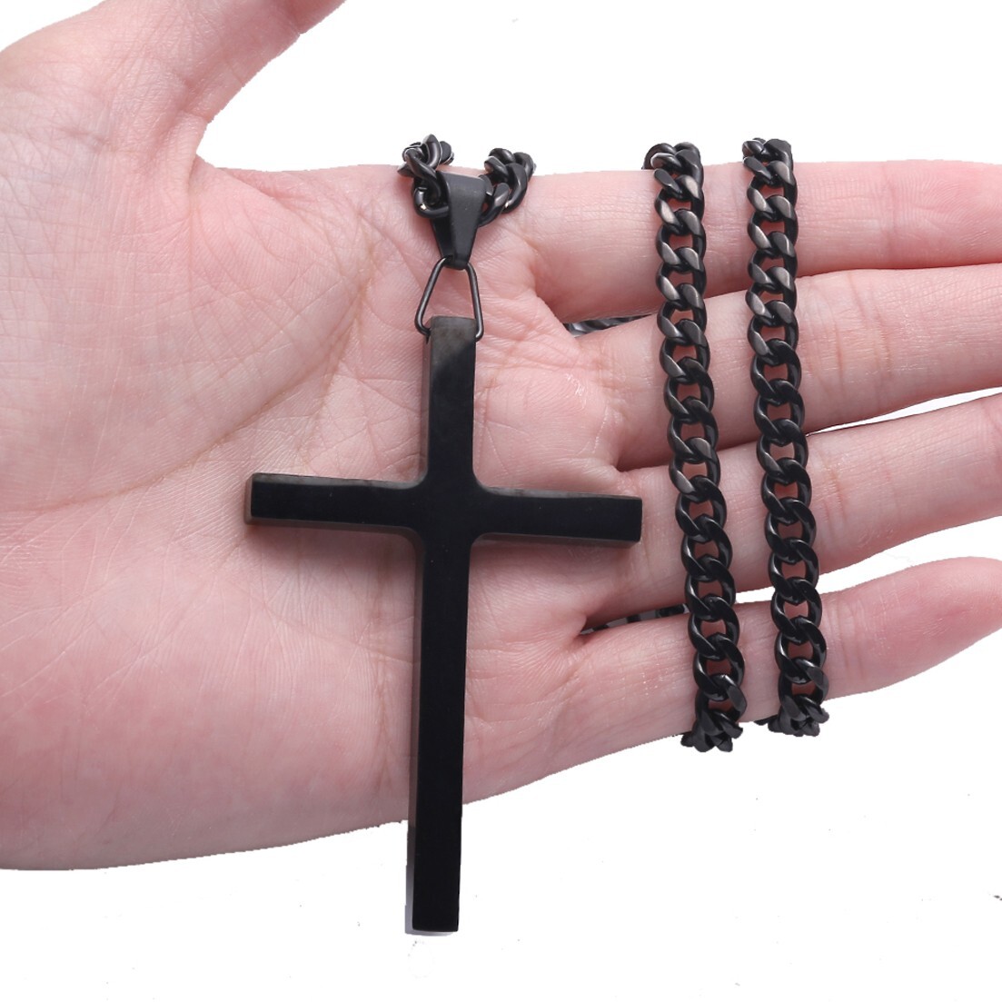 Heavy Black Big Cross Pendant Necklace Stainless Steel Curb Chain
