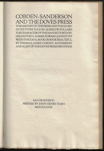 JOHN HENRY NASH Cobden-Sanderson and the Doves Press 1929