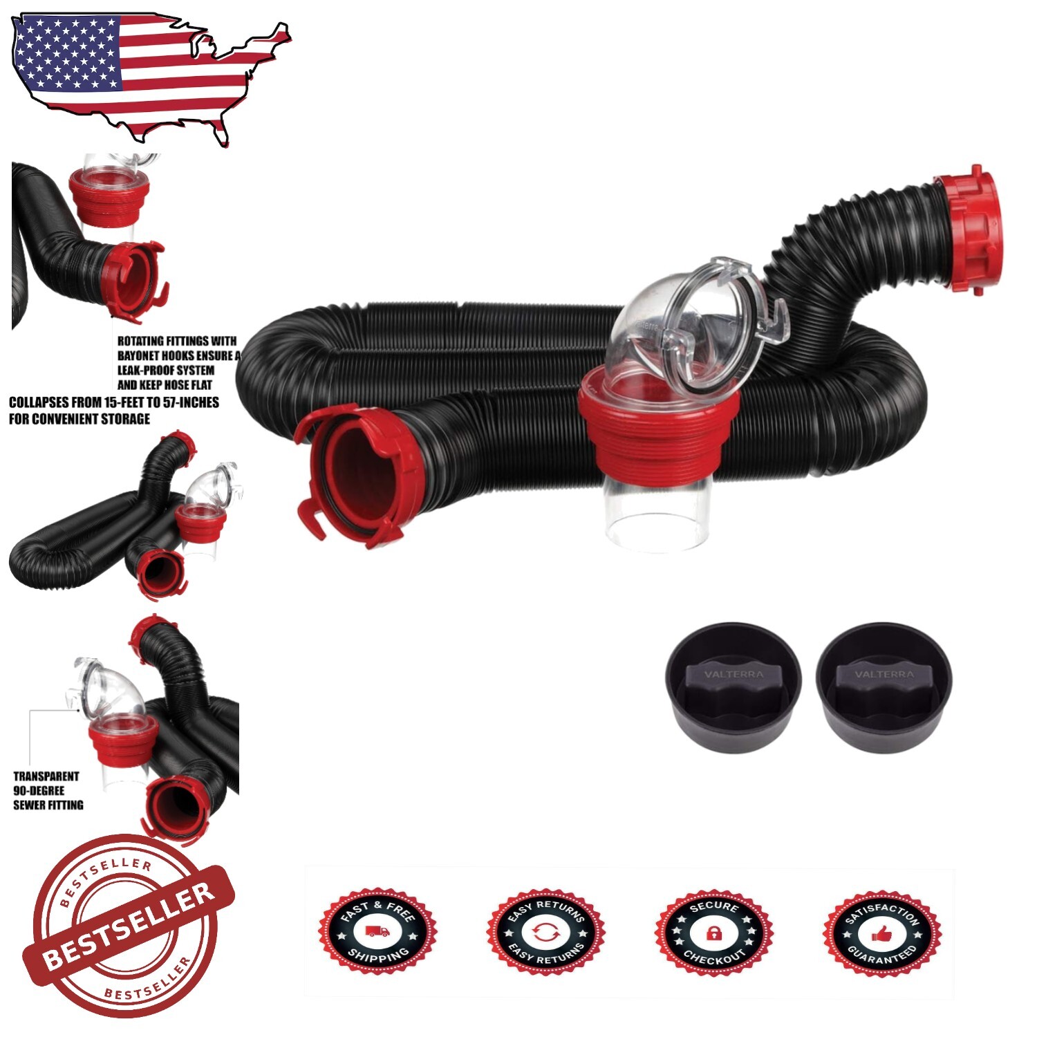 All-Season 15-Foot Dominator RV Sewer Hose Kit with 90-Degree ClearView Adapter
