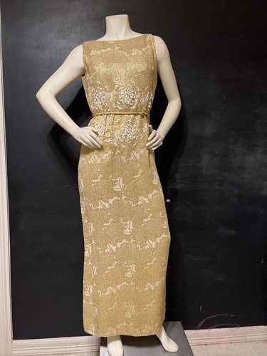 1950s Vtg Neiman Marcus Gold Silk Metallic Evening Dress White Sequins BOMBSHELL - Picture 15 of 23