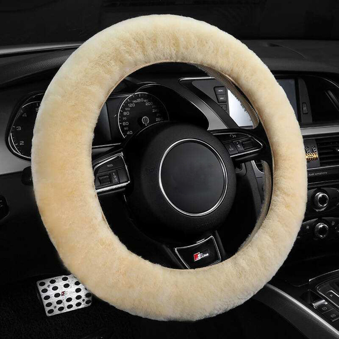 Steering Rack Wool Beige Universal Winter Car Wool Steering Wheel Cover Woolen Comfortable ...