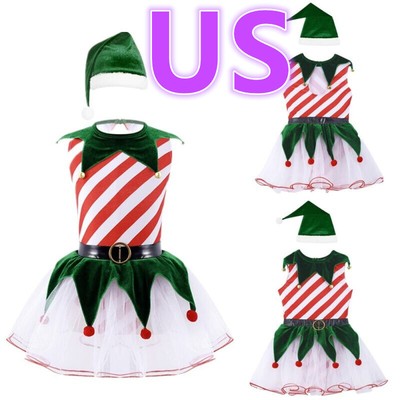 US Kids Girls Elf Christmas Dress Candy Cane Striped Tutu Dresses with Xmas Hat