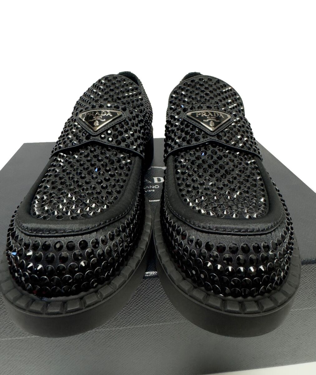 Prada Black Studded Crystal Satin 35mm Calzature Loafer Size Prada Black Studded Crystal Satin 35mm Calzature Loafer Size