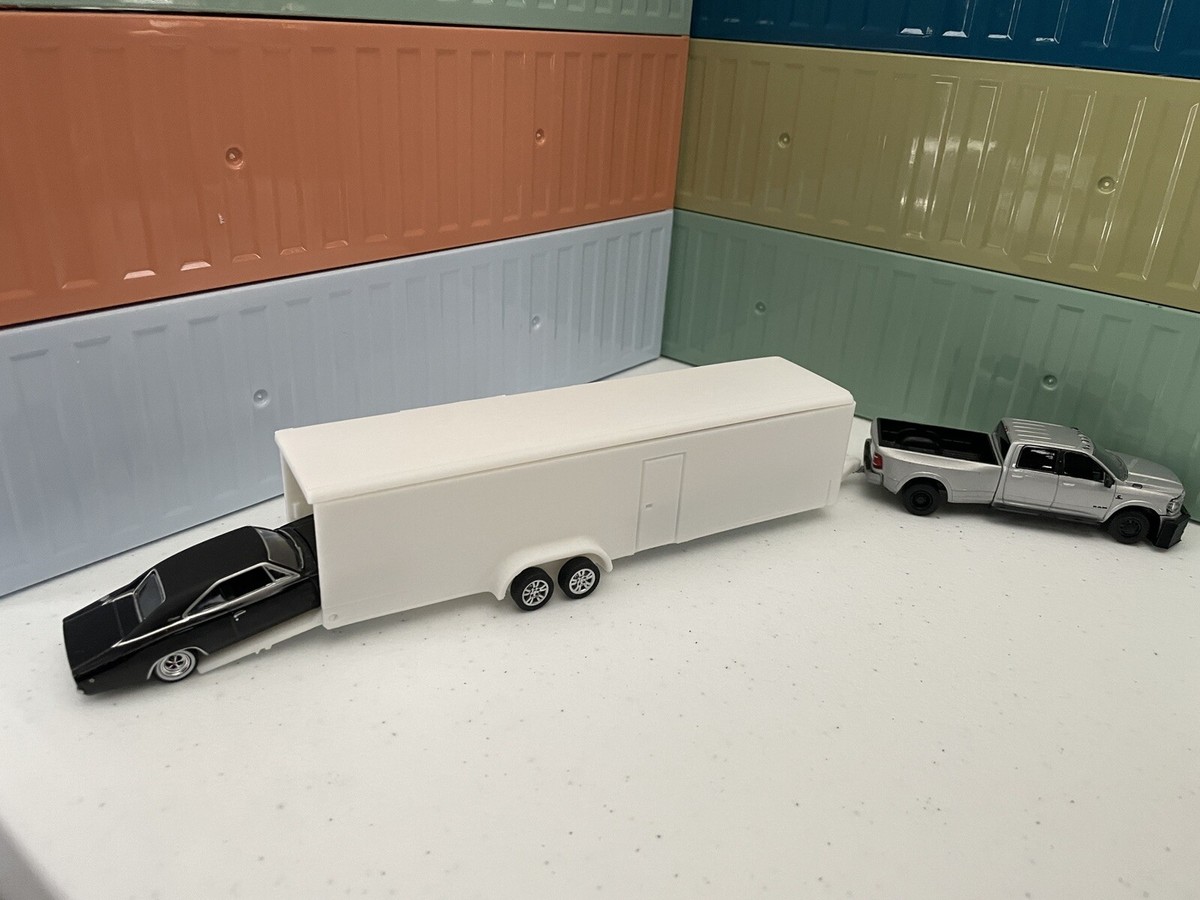 3D Printed 1/64 Hitch + Tow Enclosed 36FT Race Car Trailer