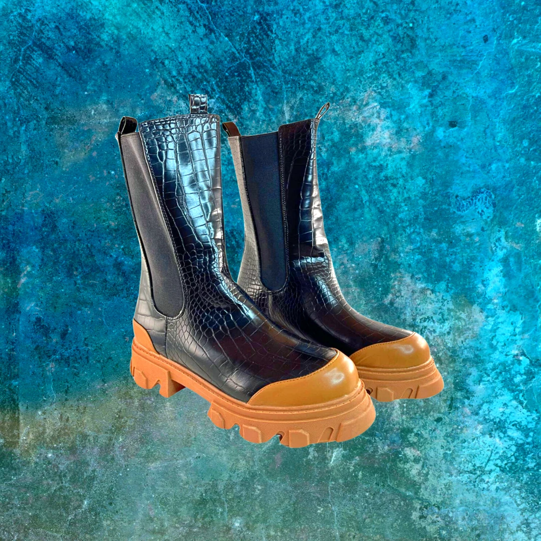 EGO NORIEGA CHUNKY SOLE CHELSEA BIKER BOOT IN BLACK CROC FAUX LEATHER SZ 11
