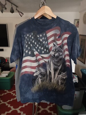 Vintage The Mountain Shirt Mens Size L Wolf Nature USA Flag Acid Wash