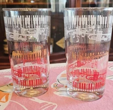 Vintage 5" Collins Cocktail Glass Jazz Red White Gold Trumpet Clarinet Pair