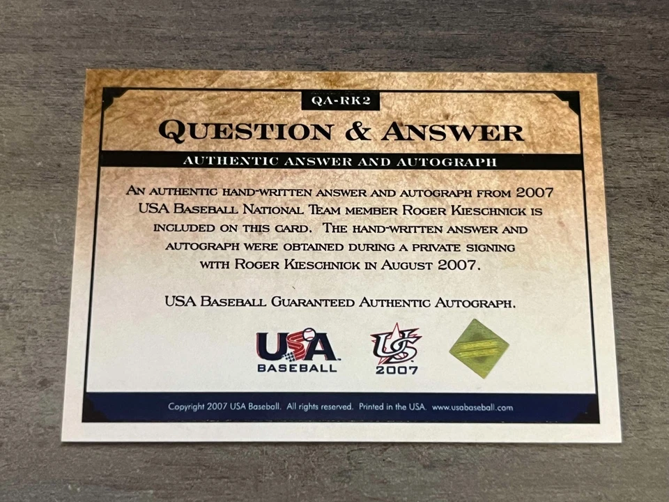 ROGER KIESCHNICK 2007 USA BASEBALL QUESTION & ANSWER RC AUTO KEVIN MENCH #QA-RK2 - Image 2 of 2