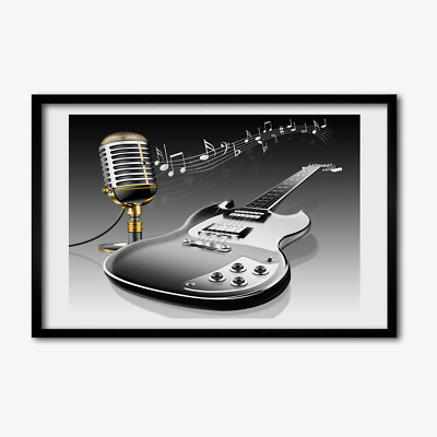 Tulup Bild MDF gerahmte Wand Dekor 60x40cm Gitarre und Mikrofon