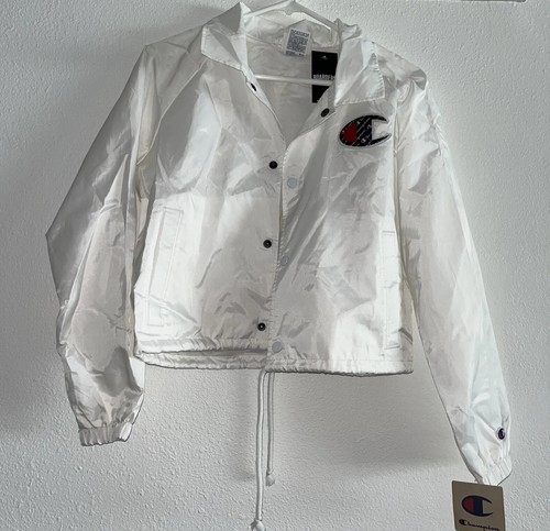 New Champion Cropped Coaches Jacket White Logo Windbreaker Size Small 2 Pockets - Picture 2 of 14