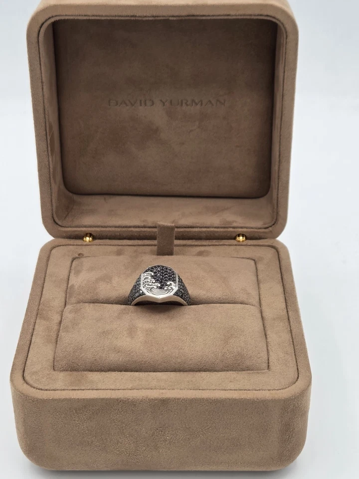 Anillo de sello David Yurman Waves para hombre en diamante negro y plata talla 12,5 Foto 2 de 4