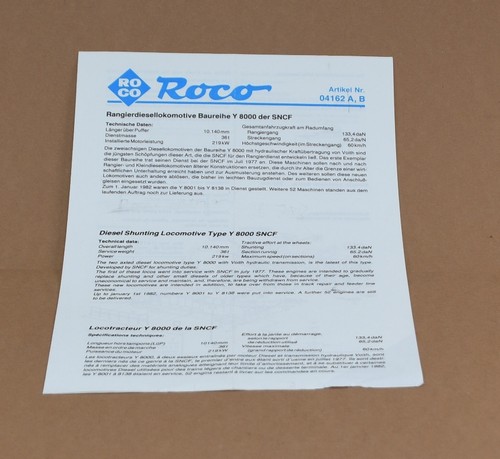 Roco 04162A Betriebsanleitung Y 8000 SNCF | Zustand: Gebraucht