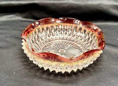 Indiana Glass Ruby Flashed Diamond Point Candy Dish Starburst Vintage 5''