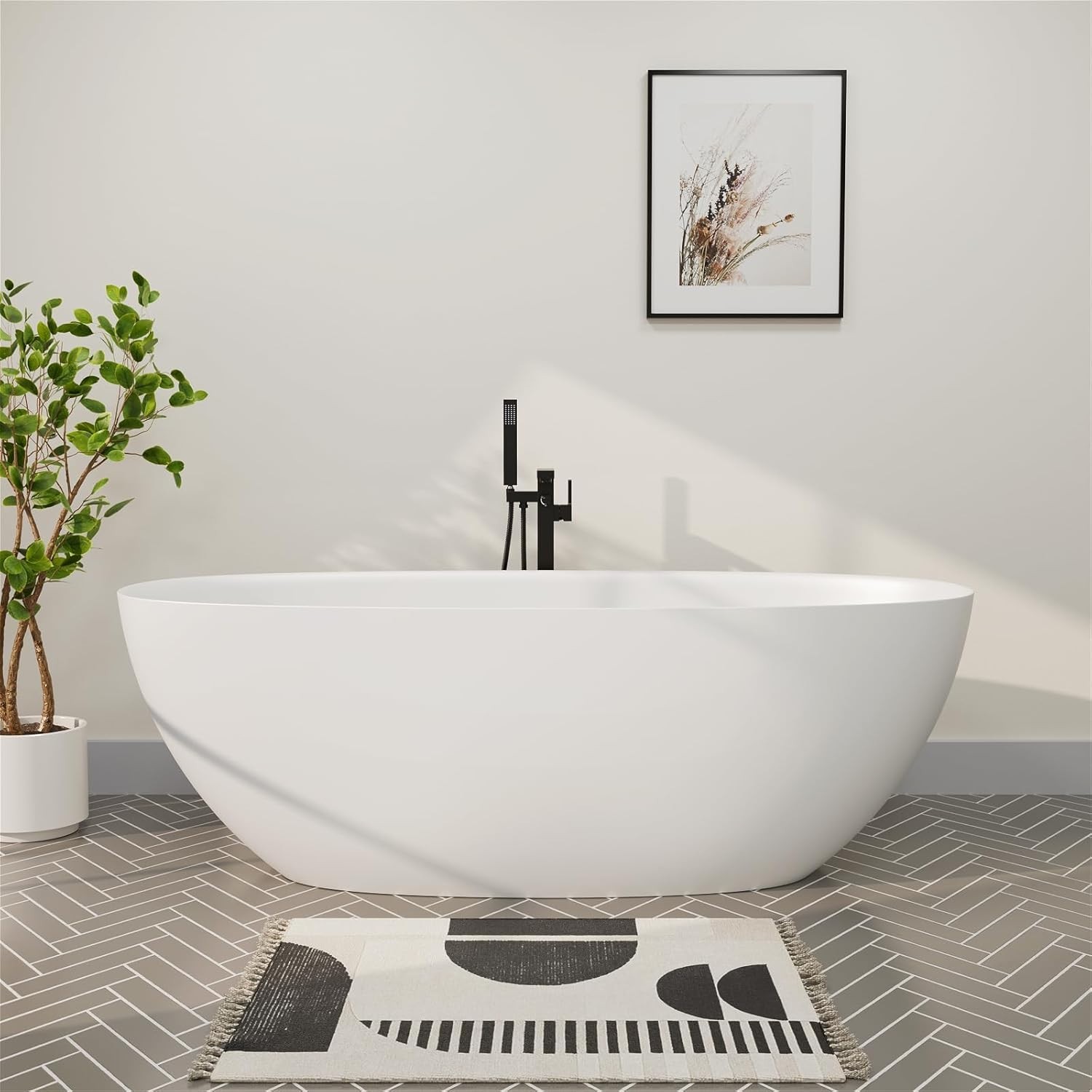 Oval 69 inch Stone Freestanding Tub Extra Deep Soaking Tub Matte White Finish