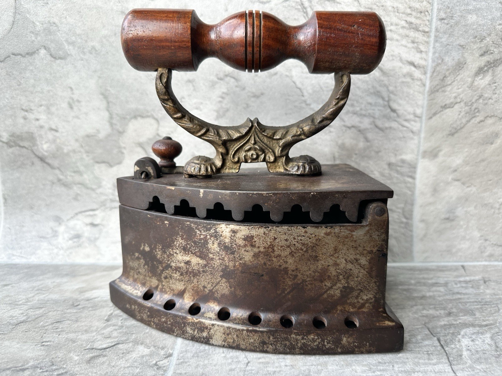 Antique Coal Iron w/ Claw Brass Handle 1900s Sad Iron