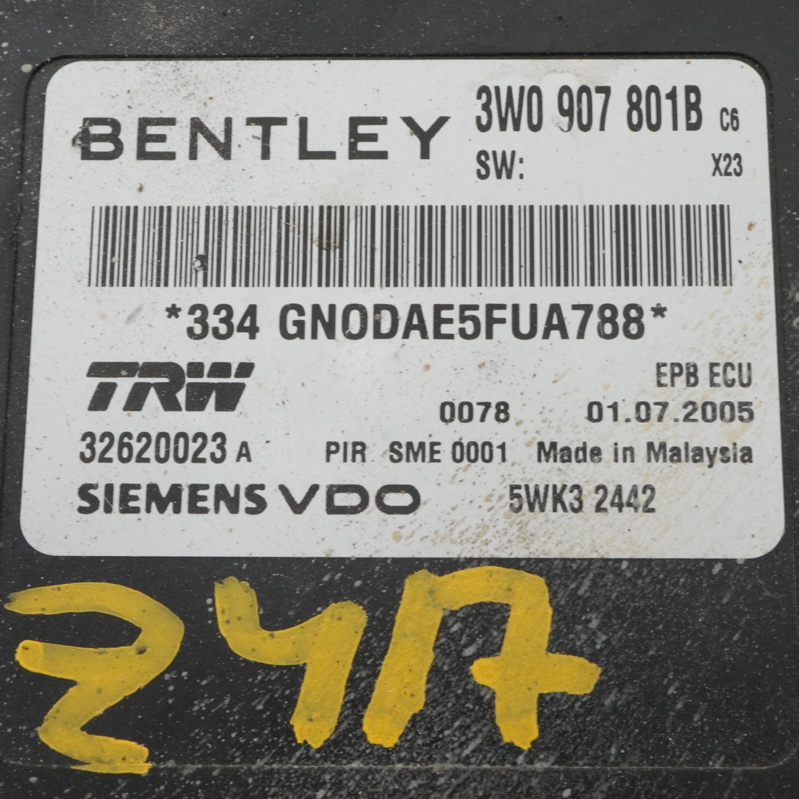 Bentley Continental GT 2003-2012 Right Parking brake control module P/N 3W0907801B
