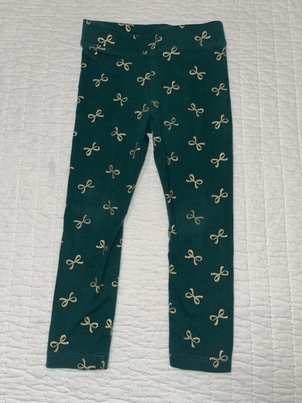 J.Crew Crewcuts Girls Size 2 Dark Green Gold Bows Leggings Pants Cotton Blend