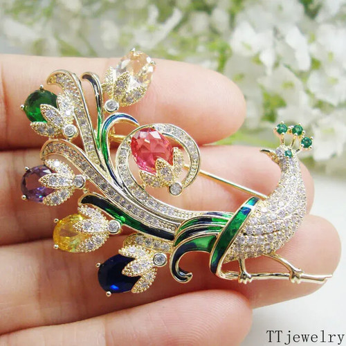 Luxurious Multicolor Peacock Gift Woman Brooch Pin Zircon Crystal
