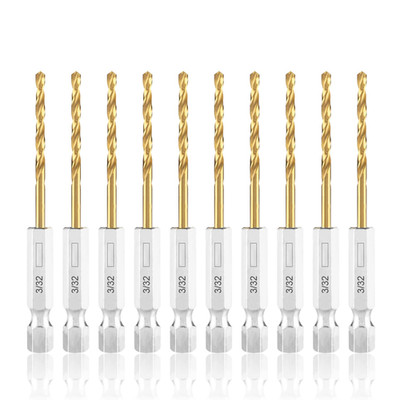 Amoolo 3/32 Twist Drill Bit Set, 10Pcs Titanium HSS Hex Shank Impact Drill Bit S