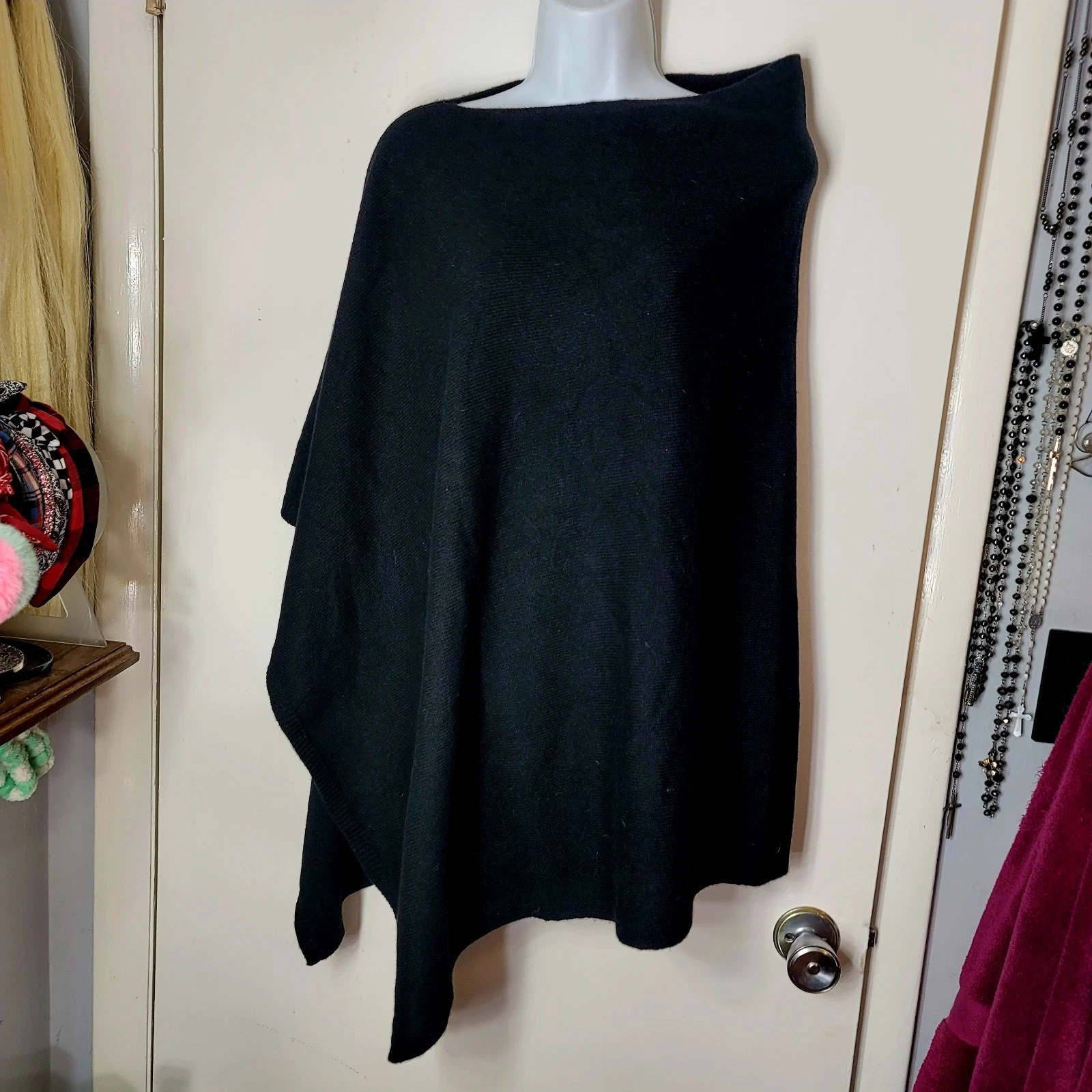 LL Bean Merino Fine Knit Wool Asymmetrical Pullover Poncho Cape NWT Black OSFA