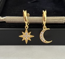 Gold Celestial Star and Moon 925 Sterling Silver Huggie Hoop Earrings