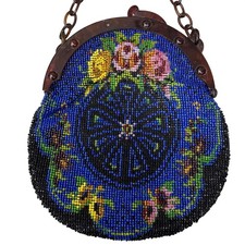 Vtg Hand Beaded Glass Seed Bead Floral Coin Purse Chain Handle Blue Yellow READ