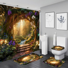 4Pcs Forest Shower Curtain Set Nature Garden Bathroom Sets with Rugs Fantasy M