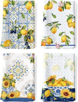 Arquiel Zitrone Blumen Geschirrtücher 4 Stück 48 × 70 cm, 100% Baumwolle weich 