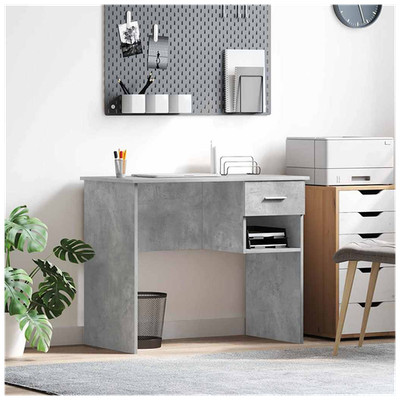 Schreibtisch 90x49x75cm Betongrau Ingenieurholz mit Schublade & schmalem Regal