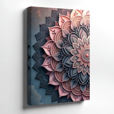 Wall Art Floral Mandala Canvas Print Pink Gray Boho Lotus Pattern Decor Panel