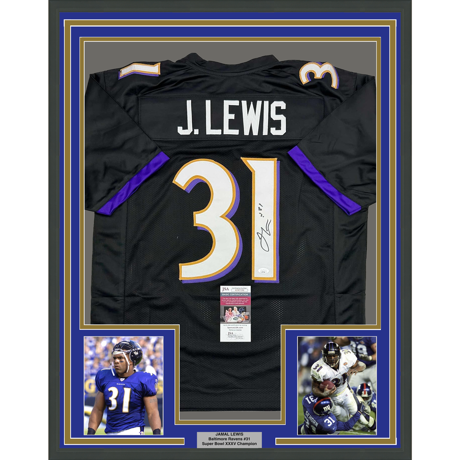 Jamal Lewis Autographed Signed Baltimore Ravens Framed / 35x39 Baltimore Black Jersey JSA COA 