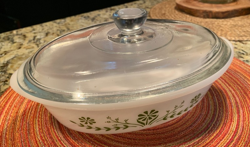 Vintage Green Daisy Glasbake Oval Casserole Dish with Lid One Quart