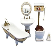 Dolls House White Porcelain Bathroom Suite Gold Trim Miniature Furniture Set