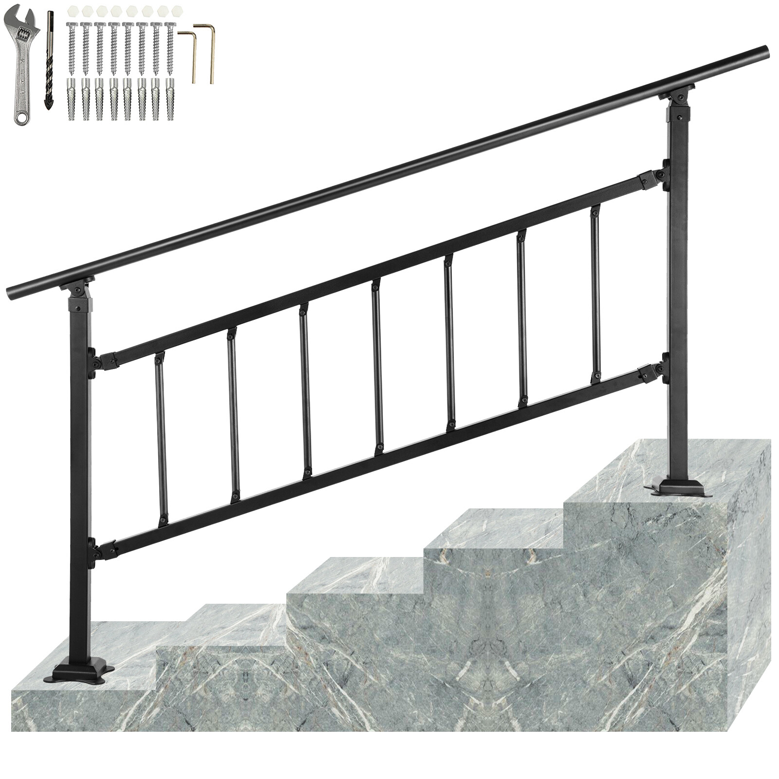 VEVOR Pasamanos Escalera Hierro 172,5cm Barandilla Exterior 1-4 Pasos con Barras