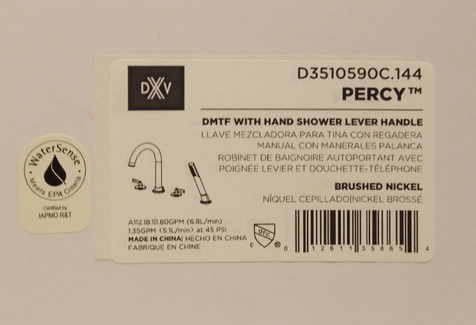 Grifo de bañera con manijas de palanca DXV D3510590C.144 PERCY con ducha de mano, níquel cepillado Foto 3 de 3