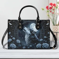 Personalized Gothic Wolf Leather Handbag, Wild Wolf Moon Leather Bag Gift