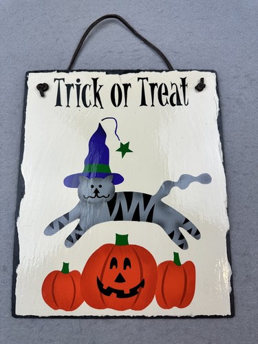 Hand painted Halloween Cat And Jack-o-Lantern Hanging Slate 12x10