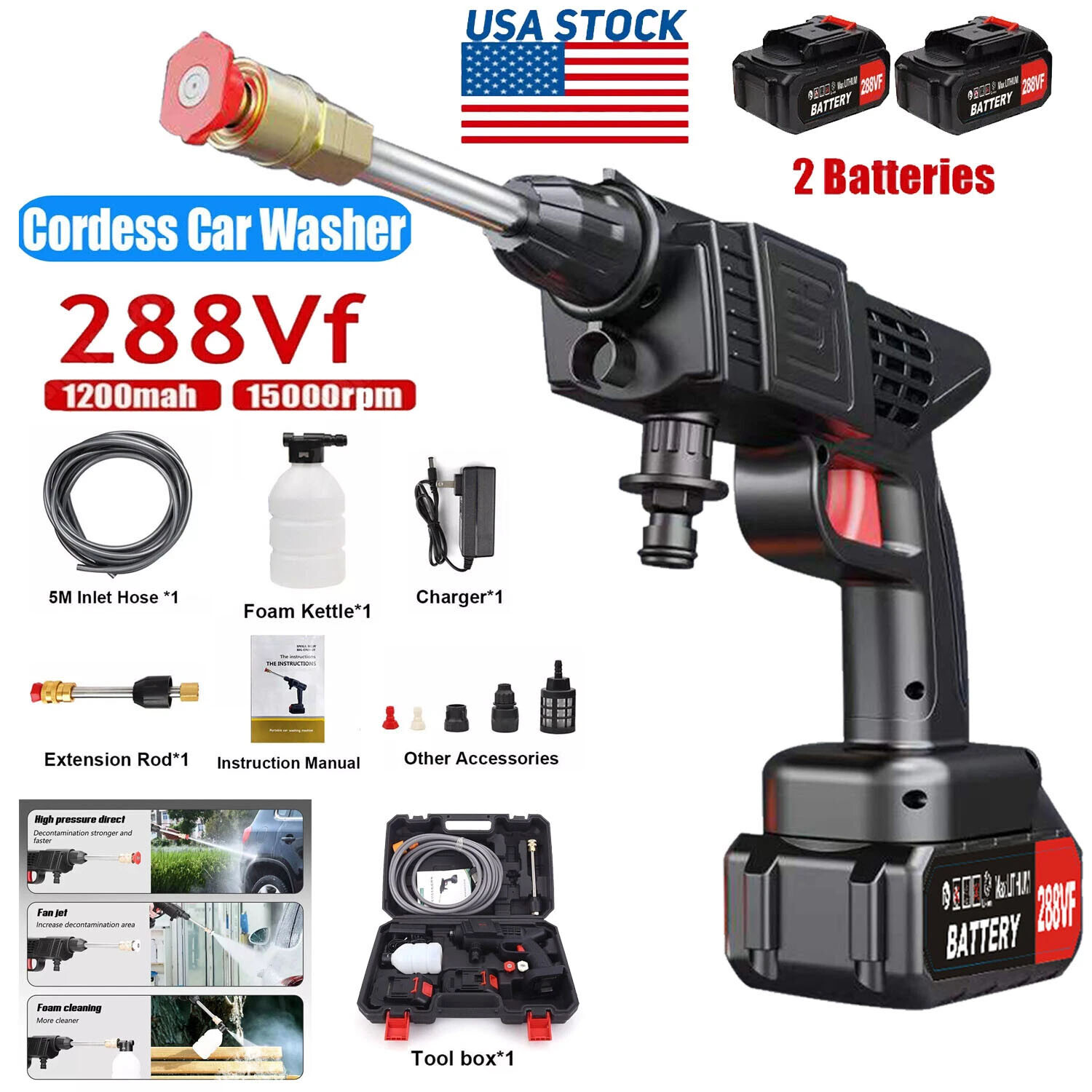 Cordless Electric High Pressure Water Spray Gun Portable Car Washer Cleaner Tool