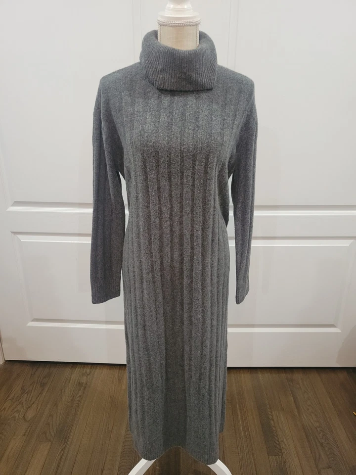 Vestido Suéter LOFT Acanalado Midi Cuello Alto Para Mujer Talla Mediana Gris Mezcla de Lana Foto 3 de 4