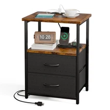 Night Stand with Charging Station, Nightstand with Fabric Drawers, Bedside Ta...