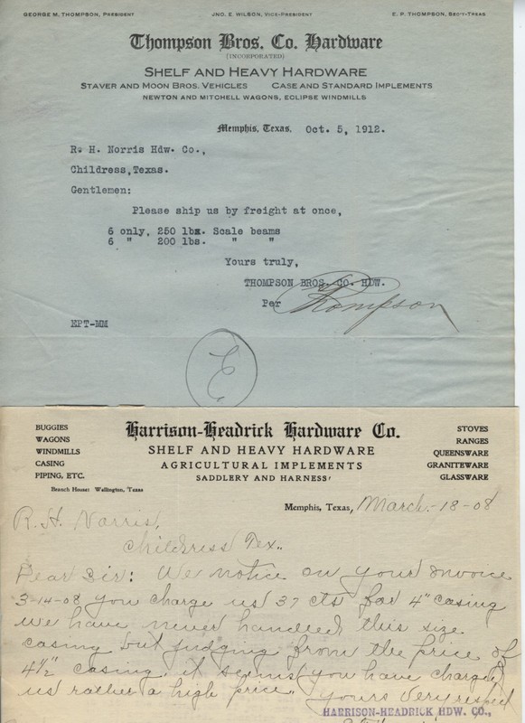 1908, 1912 MEMPHIS TEXAS LETTERHEADS THOMPSON BROS, HARRISON HEADRICK HARDWARE