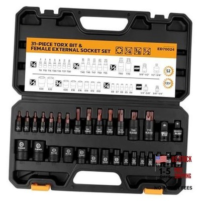 : 14 Star Bits T8-T70 & 13 E-Torx Sockets E4-E24, 31-Piece Torx Bit Socket Set