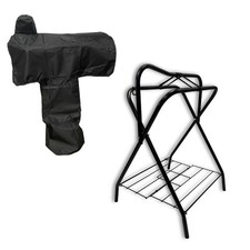 AJ Tack Freestanding Portable Horse Saddle Rack with Black Western Saddle Cover