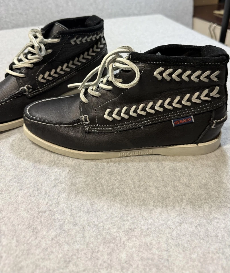 Zapatos Sebago Docksides para mujer talla 7,5 M negro blanco cuero mocasín zapatos de barco Foto 2 de 4