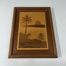Wood Marquetry Inlay Palm Trees Sunset 12x9 M. Lancy R. Kitchen 1987